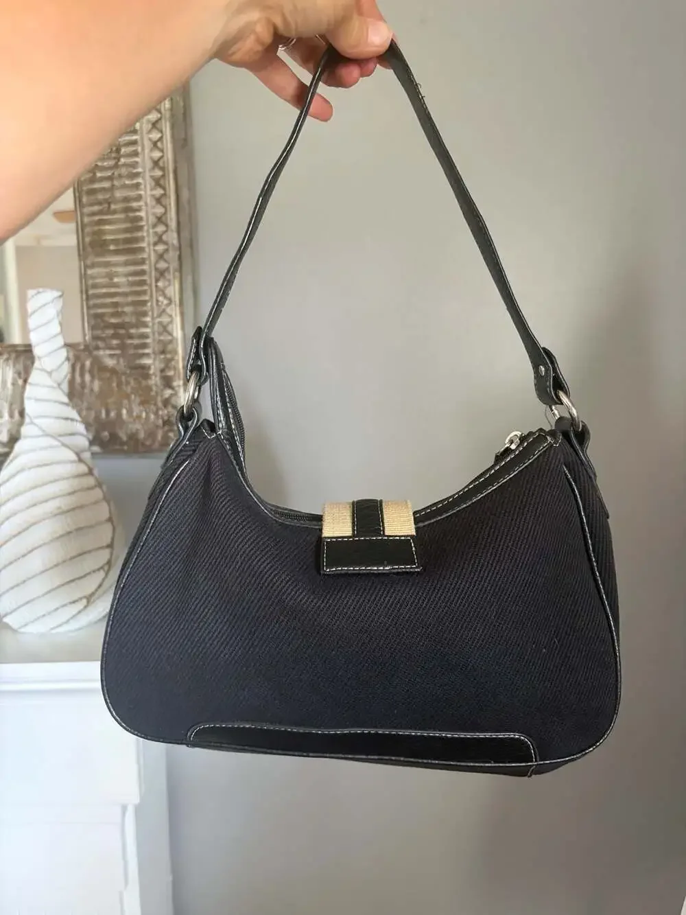 Etienne Aigner Black Canvas Crossbody Bag with Gold Accent